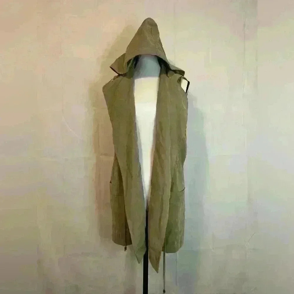 Staccato Brown Womens Hooded Cargo Vest with Tie Waist in Faux Suede Womens Sz L